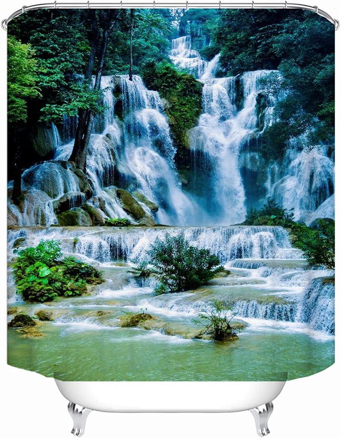 LYFANS Shower Curtains Waterproof Polyester Fabric,Large Width Bright Partition Curtain with Waterfall Pool Print,Shower Curtain Liner for Bathtub Bathroom with 12 White Hooks （72 x72 inches） - ModernBath