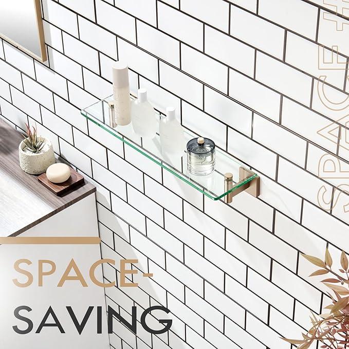 KOKOSIRI Wall Shelves Bathroom Hardware Glass Floating Shelf 20-Inch for Bedroom, Living Room, Kitchen, Hanging Rack Champagne Bronze B1105CPG-L20 - ModernBath