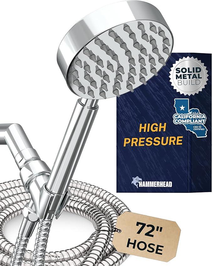 HammerHead Showers® Solid Metal LOW FLOW Handheld Shower Head with Hose and Brass Holder - CHROME – Water Saving 1.75 GPM Detachable Shower Head - Adjustable Shower Wand Bracket & 6ft Hose - ModernBath