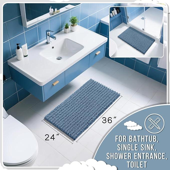 Yimobra Large Bathroom Rugs Non Slip Washable 36x24 Inch - Ultra Soft Absorbent Chenille Bath Mat, Quick Dry Shaggy Floor Carpet for Tub Shower, Denim Blue Home Decor Accessories - ModernBath