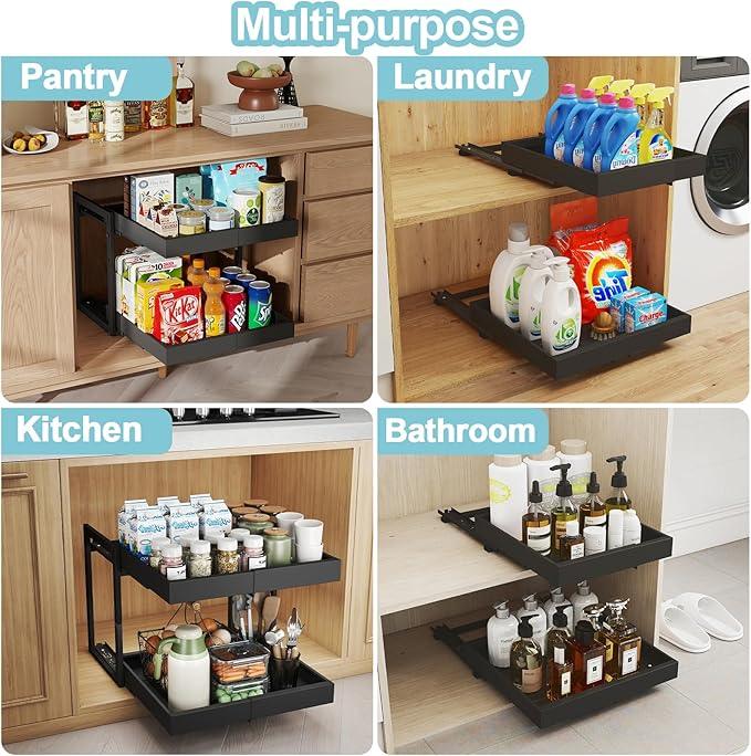 Golener 2-Tier Expandable Pull Out Cabinet Organizer - Pull-Out Drawers for Kitchen Cabinets, 2 Slide Home Storage Organizers, Slide Out Shelves for Base Cabinet Organization in Kitchen, Black Metal - ModernBath