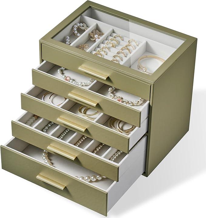 Jewelry Box Organizer Case for Women: 5-Layer Jewelry Storage Case with Glass Window, Olive Green Leather with Cream Velvet, Holder for Ring Necklace Bracelet Brooch Watch, Great Gift for Her - ModernBath