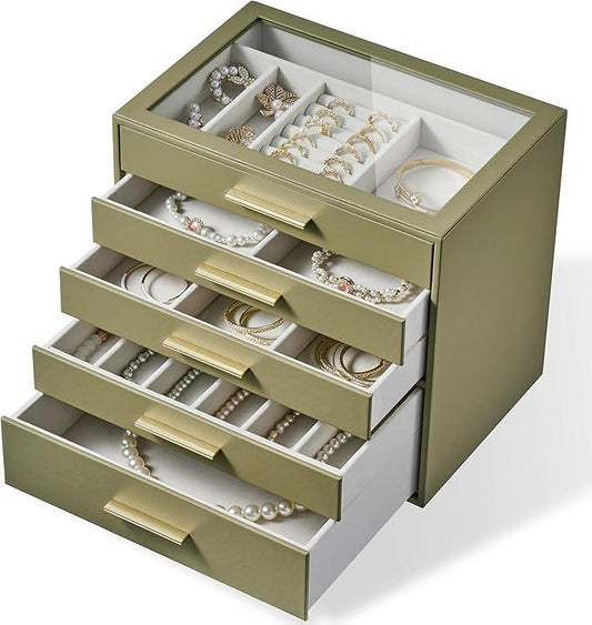 Jewelry Box Organizer Case for Women: 5-Layer Jewelry Storage Case with Glass Window, Olive Green Leather with Cream Velvet, Holder for Ring Necklace Bracelet Brooch Watch, Great Gift for Her - ModernBath