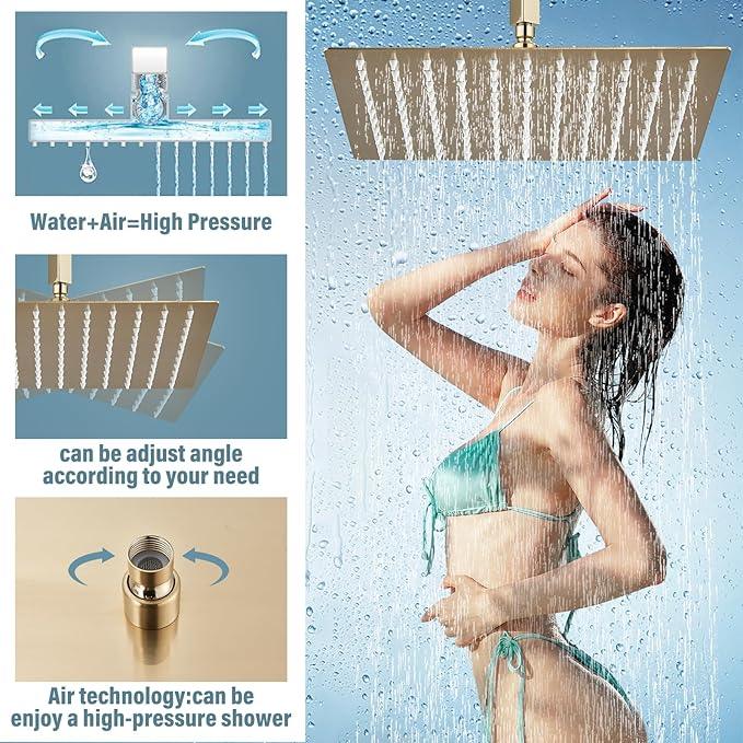 Shower Faucet Set Rain Shower System with 12 Inches Rain Shower Head and Handheld Spray, Bathroom Shower Fixtures Brushed Gold Shower Kit with Brass Valve,Ceiling Mounted - ModernBath