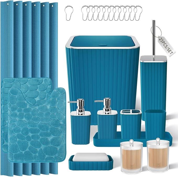 XLHOMO Bathroom Set with Shower Curtain and Rugs- 25PC Teal Bathroom Set, Bathroom Accessories Set, Shower Curtain Set, Trash Can, Qtip Holder Dispenser & Soap Dispenser - ModernBath