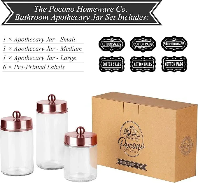 Apothecary Jars 3 Pack - Glass Bathroom Containers with Stainless Steel Lids - Rustic Farmhouse Decor Bathroom Accessories, Vanity Organizer Apothecary Jars for Qtip/Cotton Balls (Rose Gold) - ModernBath