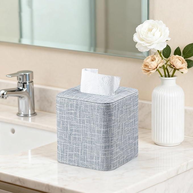 Cretkhp Square Tissue Box Cover with Magnetic Closure, Modern PU Leather Tissue Box Holder for Bathroom Vanity Countertop Night Stands Bedroom Office Desk, Stylish Cube Tissue Holder (Blue) - ModernBath