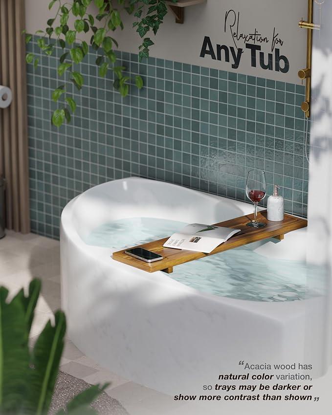 LotusSway Bathtub Tray, Acacia Bath Tray for Tub, 34.6''x9'' Wooden Bathtub Caddy Tray with Adjustable Legs Fit Various Bathtubs, Anti-Tipping, Sustainable Bath Table with Wine Glass and Tablet Holder - ModernBath