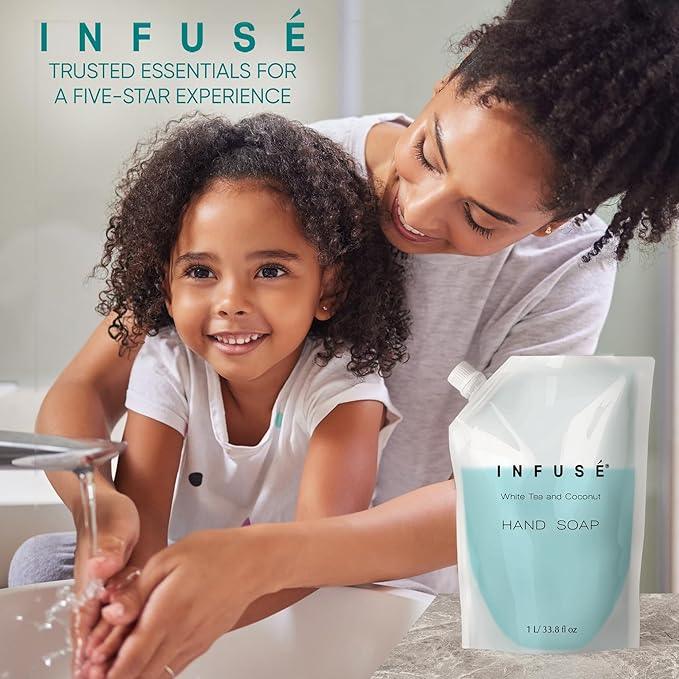 INFUSÉ 1 Liter Hand Wash Refill Bag For Soap Dispensers | Bulk Toiletries for Vacation Rentals, and Home Bathroom Showers | White Tea and Coconut | Single - ModernBath