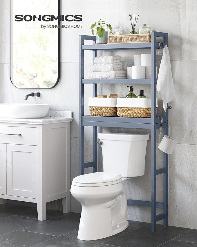 SONGMICS Over The Toilet Storage, 3-Tier Over Toilet Bathroom Organizer with Adjustable Shelf, 10.2 x 24.8 x 66.9 Inches, Space-Saving, Gray UBTS001G01 - ModernBath