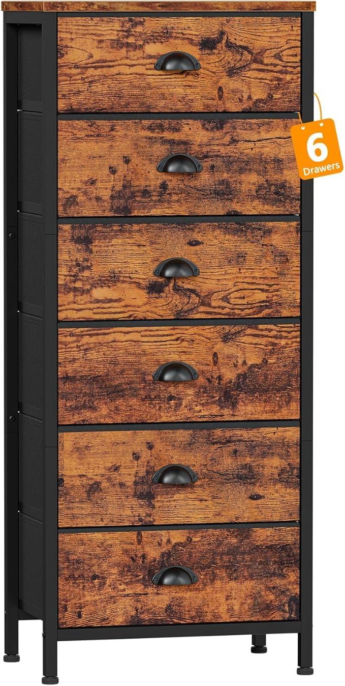Furnulem Tall Dresser with 6 Drawers,Vertical End Table and Nightstand for Bedroom,Industrial Dorm Bedside Furniture with Fabric Storage Drawer Organizer in Living Room,Closet,Entryway(Rustic Brown) - ModernBath
