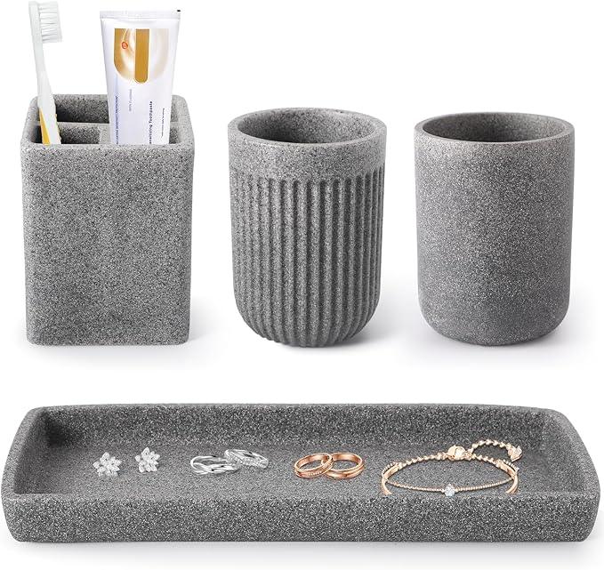 Resin Matte Gray Bathroom Toothbrush Cups Set with Holder and Tray, 4 Pcs Bathroom Accessories Set Counter Organizer for Sink Home Decor - ModernBath