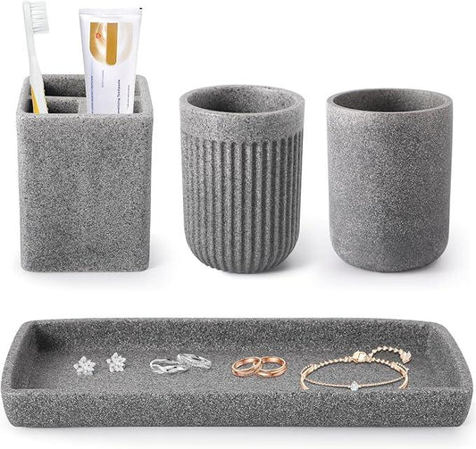 Resin Matte Gray Bathroom Toothbrush Cups Set with Holder and Tray, 4 Pcs Bathroom Accessories Set Counter Organizer for Sink Home Decor - ModernBath