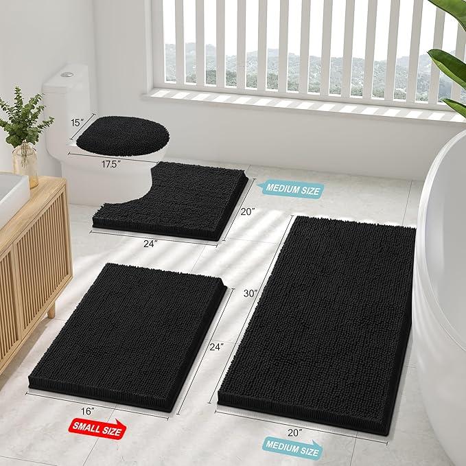 Smiry Luxury Chenille Bathroom Rugs 30x20, Extra Soft and Absorbent Shaggy Bath Mat, Machine Washable, Non-Slip Plush Carpet Runner for Tub, Shower, and Floor, Home Decor Accessories, Black - ModernBath