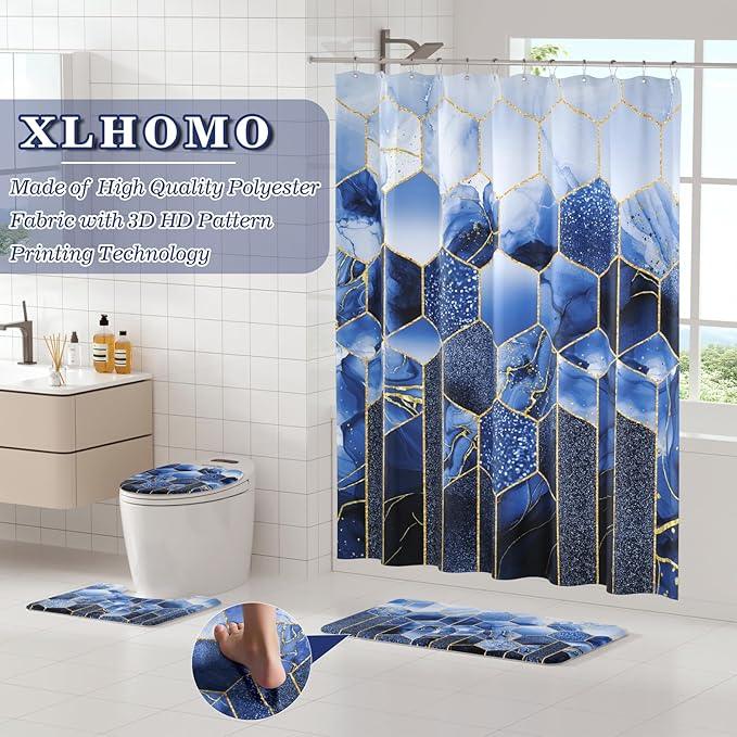 XLHOMO Bathroom Sets with Shower Curtain and Rugs - 4PC Navy Blue Geometric Shower Curtain Set with 12 Hooks, Toilet Cover, U-Shaped Mat and Rugs Modern Abstract Bathroom Accessories for Bathroom - ModernBath