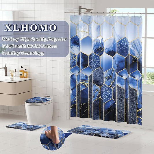 XLHOMO Bathroom Sets with Shower Curtain and Rugs - 4PC Navy Blue Geometric Shower Curtain Set with 12 Hooks, Toilet Cover, U-Shaped Mat and Rugs Modern Abstract Bathroom Accessories for Bathroom - ModernBath