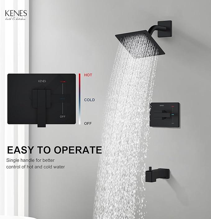 KENES Tub Shower Faucet Set Complete, Matte Black Tub and Shower Trim Kit with 6-Inch Rain Shower Head, Square Shower System, KE-6025A-2 (Shower Valve Included) - ModernBath