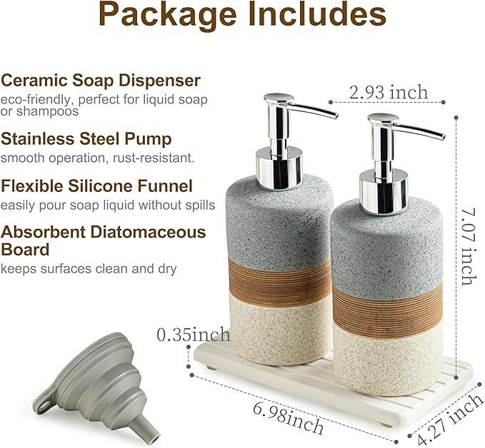 Cormomu Ceramic Soap Dispenser Set(2 Pack) – Hand Soap, Dish Soap, Shampoo & Shower Soap Dispenser for Bathroom & Kitchen, Stainless Steel Pump, Includes Silicone Funnel & Diatomaceous Tray, Gray - ModernBath