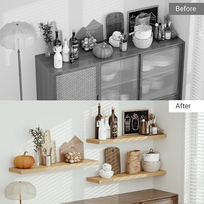 Vivelove Single Floating Shelves Oak 48 Inches, 48 x 10 inch Deep x 1.8 in Thick, Long Wall Shelves Heavy Duty 80 lbs for Bedroom, Living Room, Kitchen, Office, Modern Shelf Book Home Decor - ModernBath