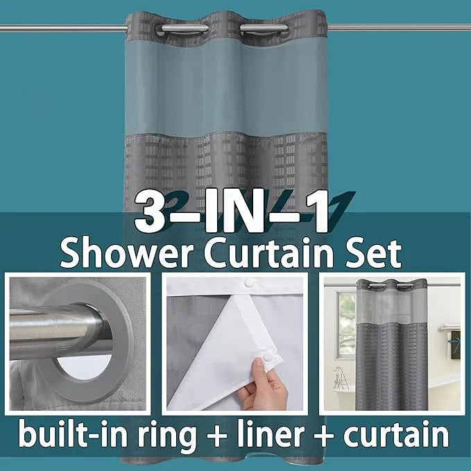 Conbo Mio Stall No Hook Shower Curtain with Snap in Liner Set, Hotel Luxury Grey Shower Curtains for Bathroom with See Through Top Window, Waterproof, Washable 36W x 74H - ModernBath