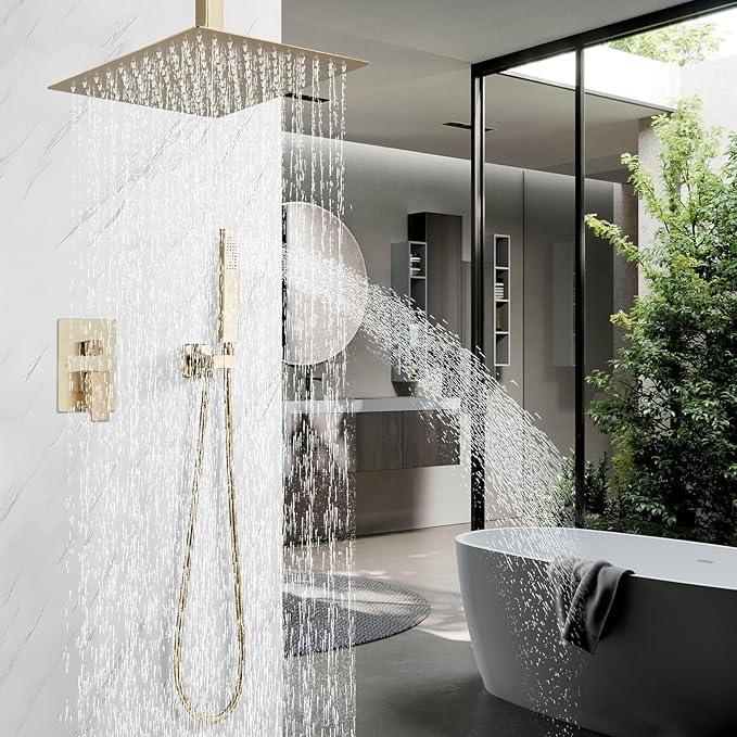 Shower Faucet Set Rain Shower System with 12 Inches Rain Shower Head and Handheld Spray, Bathroom Shower Fixtures Brushed Gold Shower Kit with Brass Valve,Ceiling Mounted - ModernBath