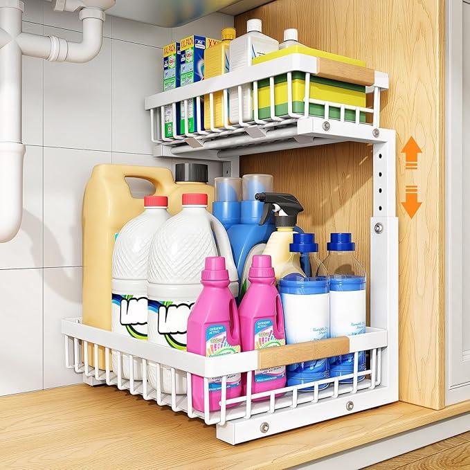 PXRACK 1 Pack Under Sink Organizer,Adjustable Height,2 Tier Pull Out Under Cabinet Organizer,Slide Out Thickened Metal Under Sink Storage for Kitchen Bathroom Laundry Cabinet Pantry,White(S) - ModernBath