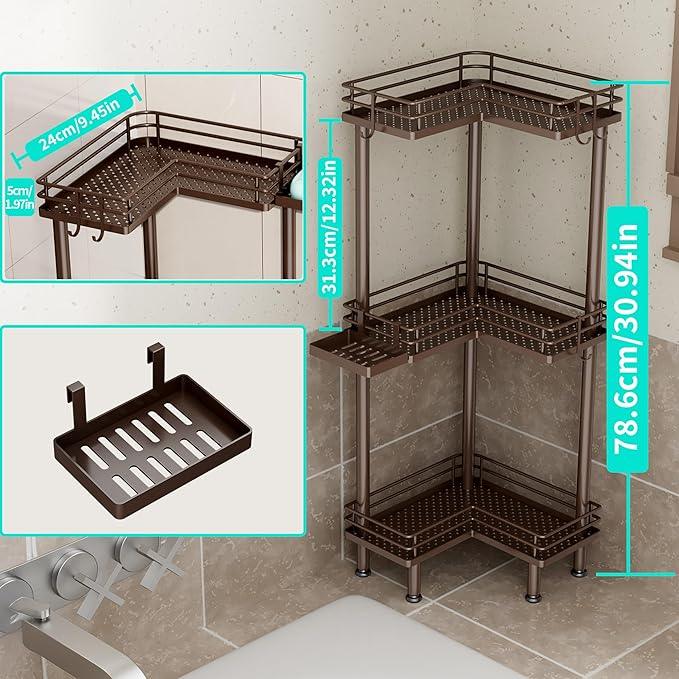 HapiRm Corner Shower Caddy Standing - 3 Tier Shower Organizer Corner with Soap Holder, Rustproof Bathroom Standing Organizer with 4 Hooks, Bronze - ModernBath