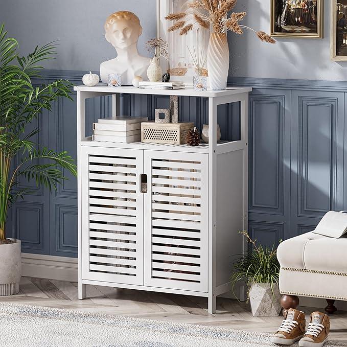 HITNET White Bathroom Cabinet, Bamboo Storage Cabinet Freestanding, Side Tall Storage Organizer for Kitchen Living Room Entryway - ModernBath