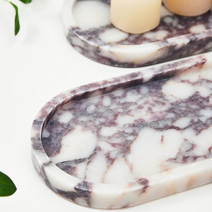 Denique Natural Luxury Calaccata Viola Marble Tray for Bathroom Countertop, 10.2" Vanity Tray Oval Deorative Tray, Countertop Organizer, Jewelry Dish Ring Holder for Dresser - ModernBath