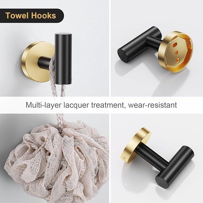 Lairuier 5 Pieces Black Gold Bathroom Accessories Set, 23.6 Inch Bath Towel Bar Set, SUS304 Stainless Steel Bathroom Hardware Set Round Toilet Paper Holder Set Wall Mounted - ModernBath