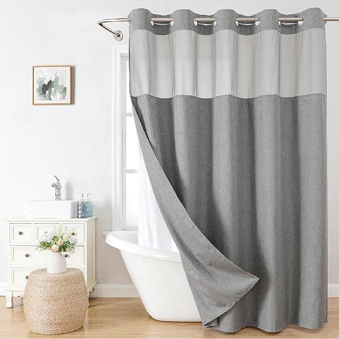 eachope No Hooks Needed Linen Textured Shower Curtain with Snap-in Fabric Liner Set,Hotel Luxury Decor Shower Curtains for Bathroom with See Through Top Window,Waterproof & Washable,71Wx74H,Gray - ModernBath