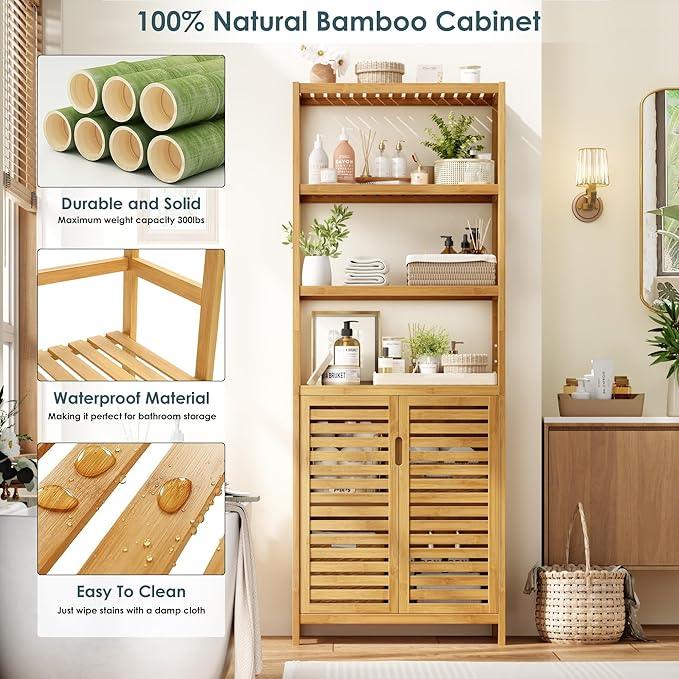 HIFIT Tall Bathroom Storage Cabinet, 66" Bamboo Narrow Bathroom Floor Cabinet with 2 Door & 4-Tier Open Shelves, Corner Tall Cabinets Freestanding Organizer Unit for Bath, Living Room, Entryway,Nature - ModernBath