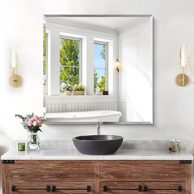 KOCUUY Beveled Mirror, 30x30 Inch Square Frameless Bathroom Mirror for Over Sink, Upgraded Shatterproof Beveled Unframed Design Mirror for Bathroom, Bedroom, Entryway, Hang Horizontal/Vertical - ModernBath