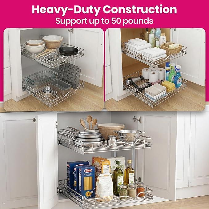 HOLDN’ STORAGE Two Tier Pull Out Cabinet Organizer, Individual Sliding Drawers - Heavy Duty Metal with Lifetime Limited Warranty - Anti Rust Chrome Finish - 20" W x 21”D x 16.5" H - ModernBath