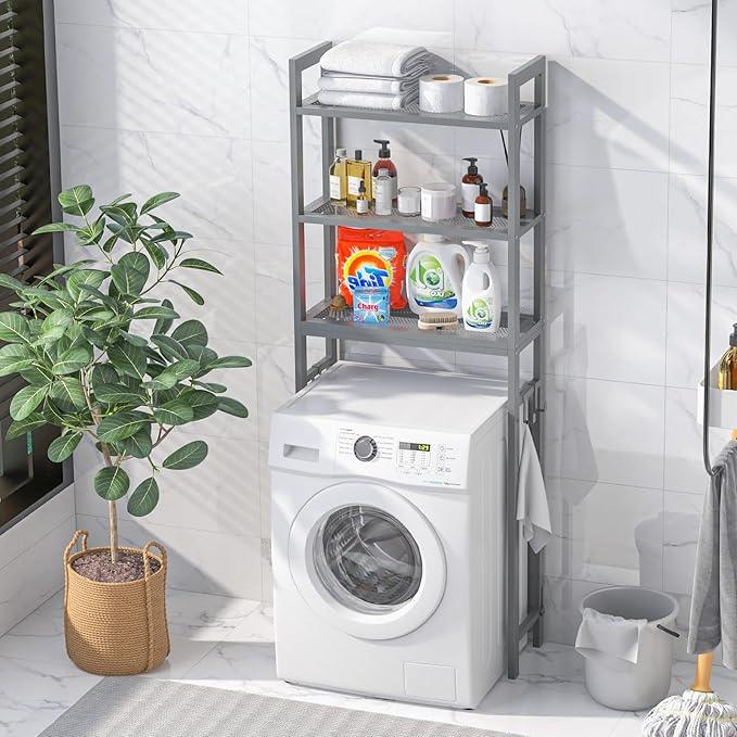 Giantex Over The Toilet Storage Rack, 3-Tier Metal Bathroom Organizer with 3 Hooks, Adjustable Bottom Bar, Anti-Tippling Devices, Freestanding Toilet Space-Saver for Bathroom, Laundry (Gray) - ModernBath
