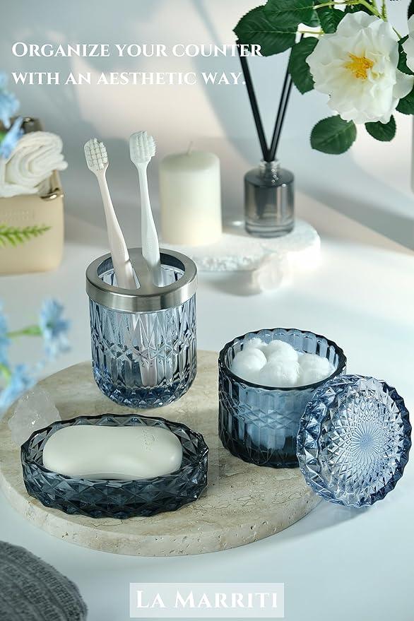 LaMarriti Blue Bathroom Accessories Set, 4Pcs Clear Glass Bathroom Accessories, Lotion Soap Dispenser Set, Toothbrush Holder, Qtips Holder, Soap Dish for Crystal Modern Bath Decor, Set - ModernBath