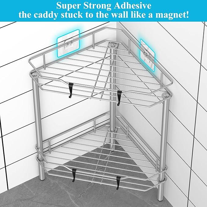 2 Tier Floor Standing Corner Shower Caddy Organizer Shelf with Hooks, Bathroom Shelves Stand Rack, Gray - ModernBath