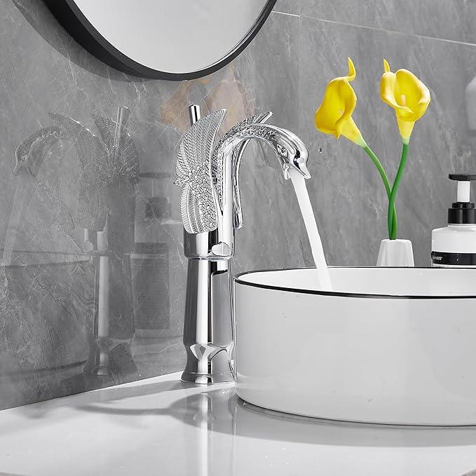 GGStudy Chrome Swan Shape Single Handle One Hole Bathroom Vessel Sink Faucet Deck Mount Lavatory Sink Faucet - ModernBath