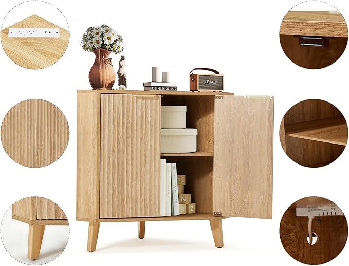 HOMREST Fluted Corner Cabinet with Storage and Power Outlet, Adjustable Shelve, Freestanding Sideboard Buffet Cabinet, Multifunctional Organizer for Living Room Kitchen, Bathroom (Natural) - ModernBath