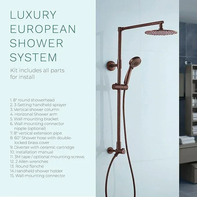Fennocasa Polaris 3 Rain Shower System, 8” Rainfall Shower Head and Handheld Shower Combo, includes 3-Setting Handheld Spray, Height Adjustable Shower Wand Holder, 60” Hose (1.8 GPM Oil Rubbed Bronze) - ModernBath