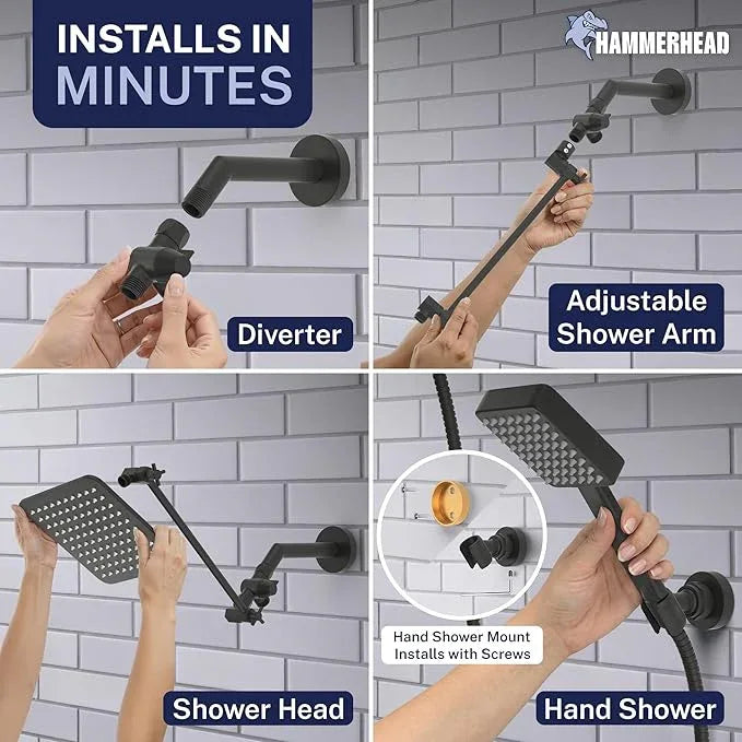HammerHead® Solid Metal Dual Shower Head Combo — 8" Square Rain Shower Head with Handheld, 12" Adjustable Arm & Wall-Mount Holder for Flexible Installation — Matte Black - ModernBath