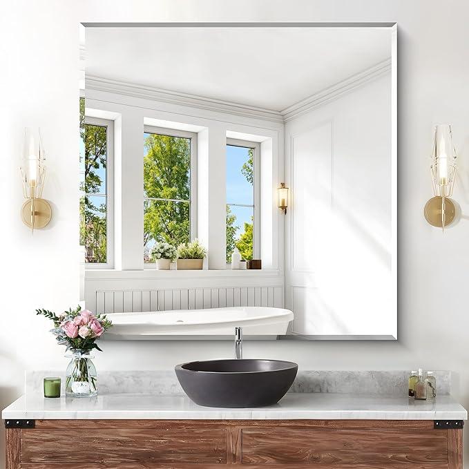 KOCUUY Beveled Mirror, 36x36 Inch Large Frameless Square Bathroom Mirror for Over Sink, Upgraded Shatterproof Beveled Unframed Design Mirror for Bathroom, Bedroom, Hang Horizontal/Vertical - ModernBath