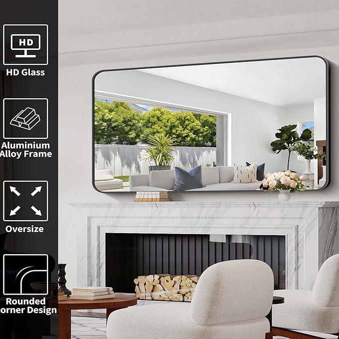 CIVENO Bathroom Mirror, 60 x 30 inch Black Rectangle Wall Mirror, Metal Frame Rounded Corner Vanity Mirror, Large Wall Mounted Mirrors for Over Sink Bedroom Living Room Horizontal Or Vertical Mounting - ModernBath