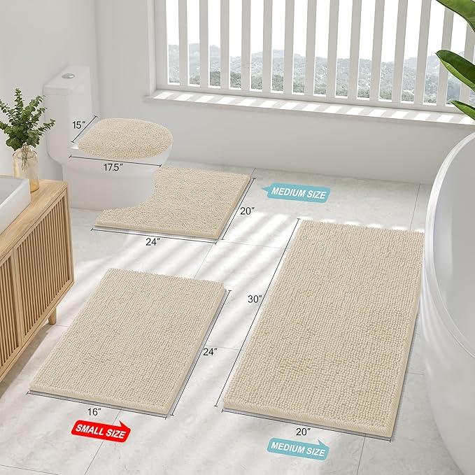 Smiry Luxury Chenille Bathroom Rugs 24x16, Extra Soft and Absorbent Shaggy Bath Mat, Machine Washable, Non-Slip Plush Carpet Runner for Tub, Shower, and Floor, Home Decor Accessories, Sand - ModernBath
