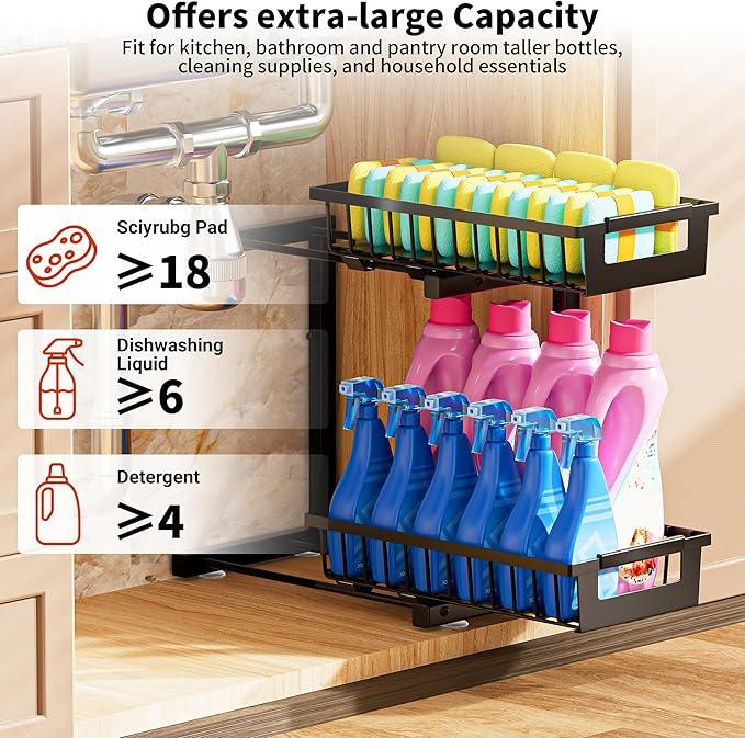 Under Sink Organizer 2 Pack, 2 Tier Adjustable Height Reinforced Carbon Steel Under Kitchen Bathroom Sink Storage Organizer, Smooth Pull-out Under Sink Cabinet Rack Drawer Organizer, Black - ModernBath