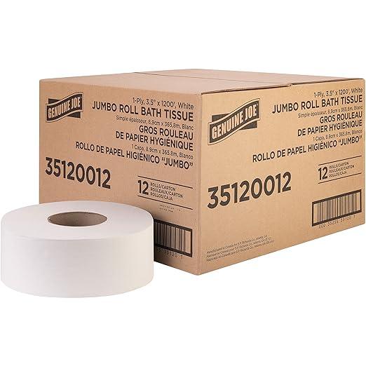 Genuine Joe Jumbo Roll Bath Tissue, 1-Ply, 3.63" x 1200', White, 12 Count - ModernBath