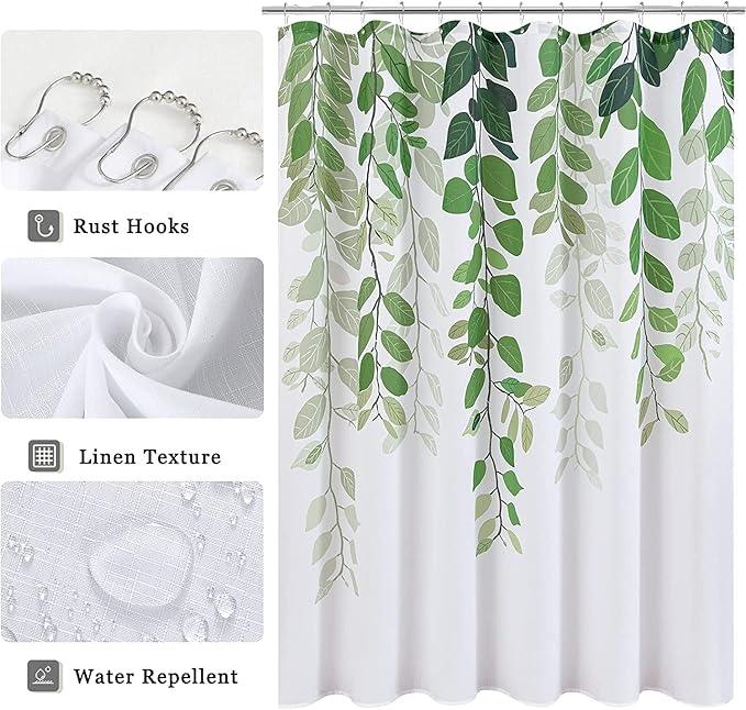 BOODII Green Leaves Shower Curtains 72x78 inches for Bathroom Watercolor Fren Eucalyptus Shower Curtain Set Vine Botanical Garden Jade Green Natural Bath Curtain Spring Bathroom Decor - ModernBath