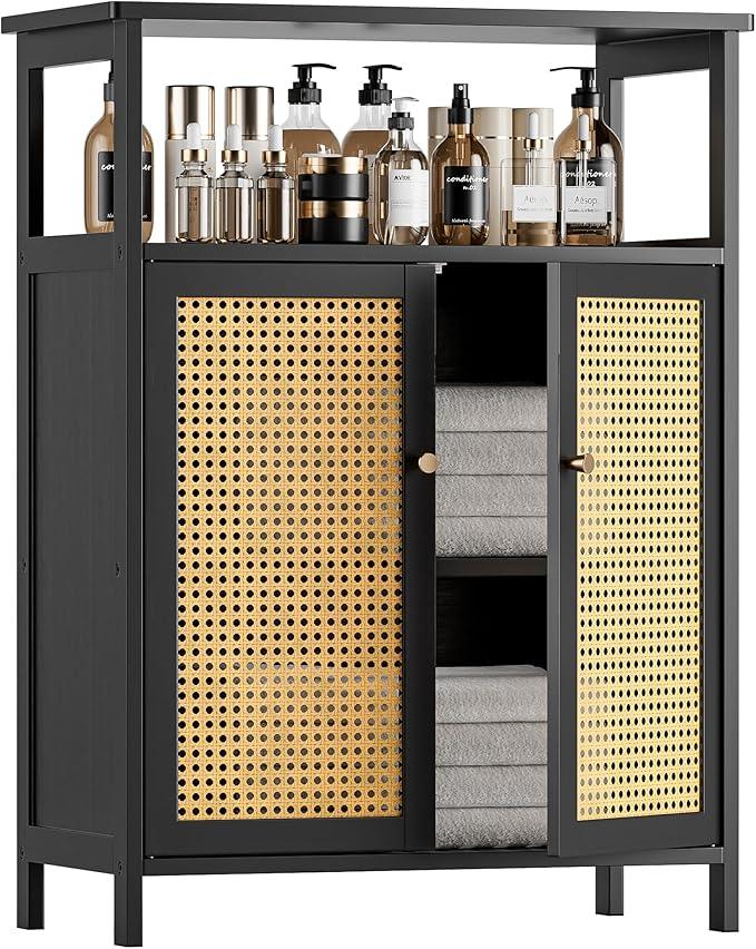 HITNET Bamboo Floor Cabinet, Bathroom Storage Cabinet with 2 Rattan Doors and Shelves, Space Saving Freestanding Kitchen Cupboard, Black - ModernBath