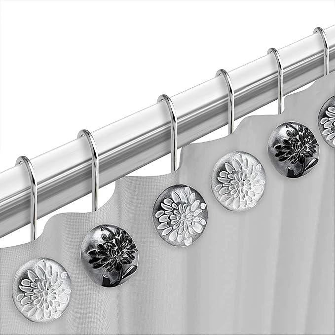 Zahari Home 13pc Erica Bathroom Fabric Shower Curtain Sets Bathroom Shower Curtain & 12 Shower Bathroom Hooks Modern Classic Luxury Contemporary Decor Grey Shower Curtain Stylish Bath Sets - ModernBath