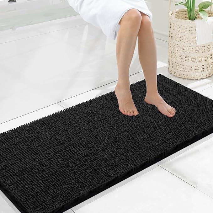 Smiry Luxury Chenille Bathroom Rugs 47x20, Extra Soft and Absorbent Shaggy Bath Mat, Machine Washable, Non-Slip Plush Carpet Runner for Tub, Shower, and Floor, Home Decor Accessories, Black - ModernBath